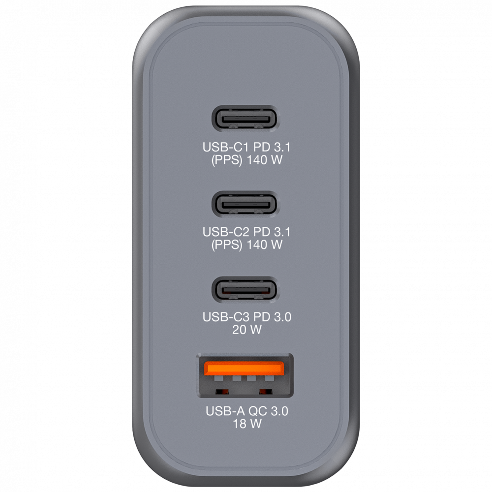 140W 4portová GaN nabíječka do sítě 2 × USB-C® PD 140 W / 1 × USB-C® PD 20 W / 1 × USB-A QC 3.0 (EU/UK/US)