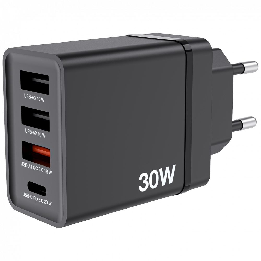 30W 4portová USB nabíječka do sítě – černá 1 × USB-C® PD 20 W / 1 × USB-A QC 3.0 / 2 × USB-A 10 W (EU)